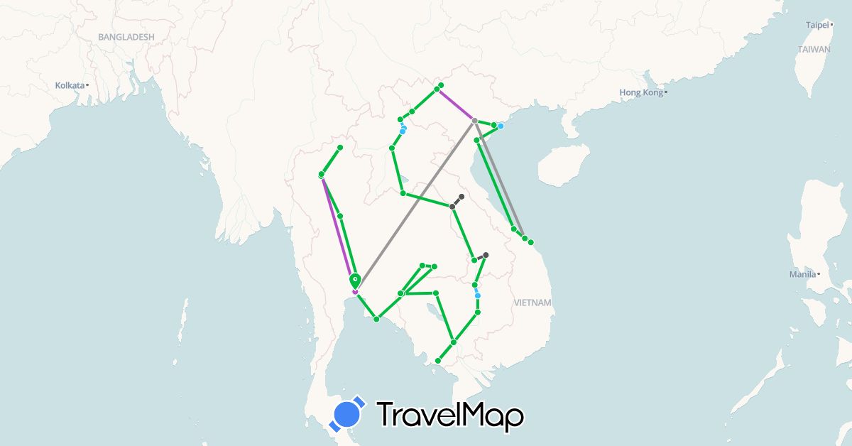 TravelMap itinerary: driving, bus, plane, train, boat, motorbike in Cambodia, Laos, Thailand, Vietnam (Asia)