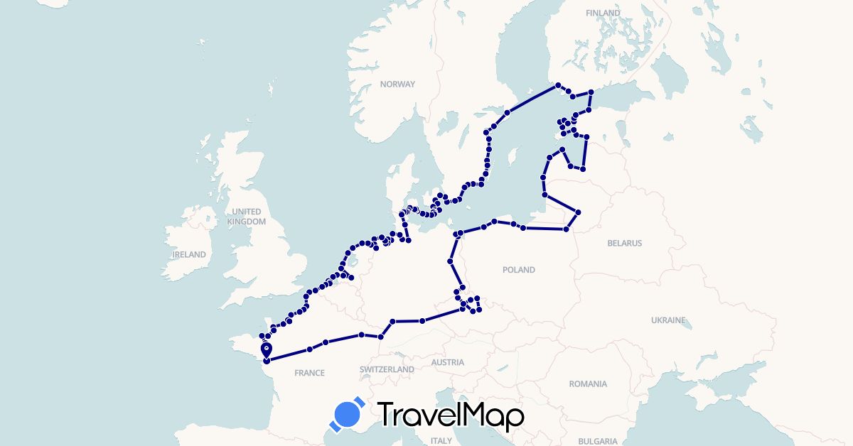 TravelMap itinerary: driving in Belgium, Czech Republic, Germany, Denmark, Estonia, Finland, France, Lithuania, Latvia, Netherlands, Poland, Sweden (Europe)